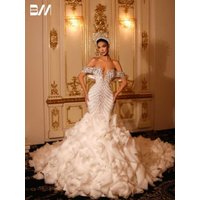 Luxurious Crystals Princess Wedding Dress Stunning Mermaid Ruffles Delicate Off the Shoulder Sweet Chic Bridal Gown Customized