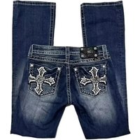 Y2K Gothic retro miss me boot cut jeans women's blue denim embroidery cross pocket hip hop Harajuku wide pants street wear