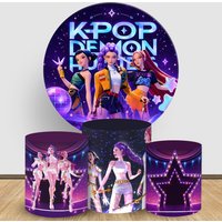 Kpop Demon Hunters Round Backdrop Cover 3PCS Cylinder Elastic Fabric Birthday Party Baby Shower PhotoBooth Background Decoration