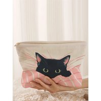 1 cat patterned corduroy makeup bag, lightweight zipper makeup storage box, multifunctional bag with lining