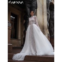 2025 Detachable Train Mermaid Wedding Dress Shiny Pearls Bride Robe Exquisite High Collar Bridal Gown Customized Robe De Mariée