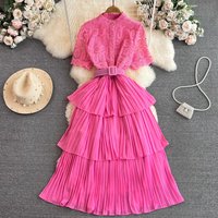 2025 New Summer Women Lace Patchwork Stand Collar Short Sleeve Single Breasted Belt Casual Party Boho Holiday Dresses