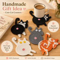 Cute Crochet Cat Coaster Handmade Cat Cup Mat Table Decor Cartoon Knitted Mug Pad for Coffee Tea Home Gift