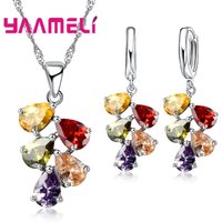 Anniversary Gift For Women Trendy 925 Sterling Silver Color Jewelry Sets Cubic Zirconia Pendants Necklaces Charm Hoop Earrings
