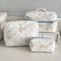 Fashion Blue Bow Quilted Women Cosmetic Bag Large Capacity Makeup Storage Handbag Travel Pouch 3 Type Ladies Zipper Makeup Bag