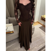 Brown Lace Classic Prom Dresses Long Sleeves Customized Luxury V Neck Evening Dresses Mermaid Saudi Arabia Birthday Dress