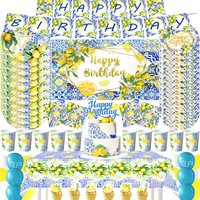 Capri Lemon Blue Tile Birthday Party Decor Mediterranean Summer Fruit Tablecloth Banner Cake Topper Balloon Tableware Supplies