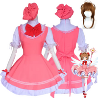 Anime Cardcaptor Sakura Kinomoto Sakura Cosplay Costume Lolita Dress for Kid Card Combat Uniform Apron Dress Wig Woman Cute Suit