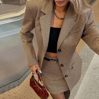 Women Elegant Lapel Button Coat & Mini Skirt Outfits Casual Long Sleeve Slim Blazer 2Pc Suits Fashion Checkered Print Skirt Set