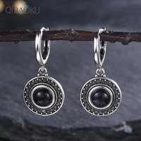 Natural Kyanite Earrings for Women S925 Silver Sun Flower Shaped Retro Silver Labradorite Hoop Earrings