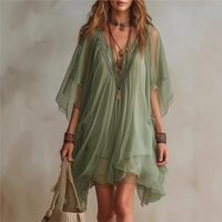 Chiffon Beach Dress Women Summer V Neck Loose Batwing Sleeve Sheer Mesh Irregular Maxi Dress Casual Holiday Sundress Ropa Mujer
