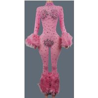 Shiny Crystals Pink Mesh Jumpsuit Sexy Feather Designe Birthday Jumpsuit Club Singer Event Performance Costume Stage Wear Guibin