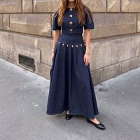 Metal Button Splicing Women's Denim Set Casual O-neck Short Sleeved Top and Skirt Party Suit Summer Street Loose Elegant Outfit