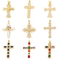 1 Piece Brass Religious Pendants 18K Real Gold Plated Cross Cubic Zirconia Charms For DIY Necklace Bracelet Jewelry Making