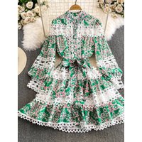 Palace Vintage Print Temperament Dress Women Summer New Design Sense Hollow out Lantern Sleeve Ruffled Edge Fashion Short Skirt
