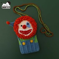 Handmade Kids Crochet Clown Shaped Small Size Side Sling Shoulder Bag Boy Girl Knit Stylish Mini Phone Flap Pouch Crossbody Bag