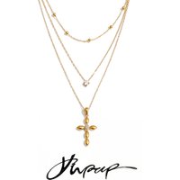 Yhpup Trendy Stainless Steel Layered Chain Cross Pendant Necklace for Women Exquisite High Quality Chic Jewelry Water Resistant