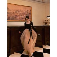 Fashion Slim A-Line Dress Korean Style Beautiful Black Long Skirt Mesh Splicing Design City Walk Knot Long Sleeve