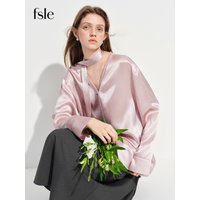 FSLE French-style Elegant V-neck Acetate Long-sleeved Shirts Women New Spring 2026 Design Satin Top Lace Bow