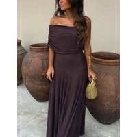 Summer Bandeau Dress, Elegant Draped Off-Shoulder Floor-Length Maxi Dress, Vacation Style Slim-Fit Evening Gown