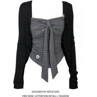 plus Size Women's Vintage Striped Knot Slim Fit Camisole Tank Top Long Sleeve Inner Wear Two Piece Set Fashionable ...