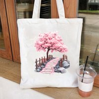 Garden Floral Canvas Tote Bag Pink Cherry Blossom Stone Path Fence Print For Campus Coffee Market City Light Handbag