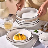 Black Line White Ceramic Bowl 7/8.2 Inch - Shallow Serving Bowl for Salad, Pasta & Side Dishes