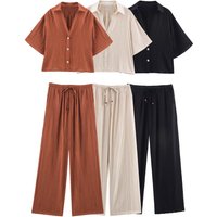 DEEABAE Women's Minimalist Honeycomb Patterned Short Sleeved Lapel Shirt With High Waisted Stretch Waist And Wide Leg Pants