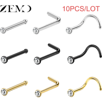 ZEMO 10Pcs 18G 20G Nose Studs Surgical Steel Nose Ring Round Diamond CZ I/L/S Shaped Nose Nostril Piercing Jewelry 1.5/2/2.5/3MM