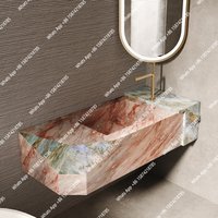 Floating pink luxury stone slab integrated seamless basin bathroom light luxury high-end customized sink