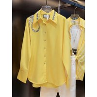 Luxury Design Sequins Stitch Yellow Blouses Shirts For Women 2026 Spring Summer New Fashion Trend Loose Casual Tops Blusas