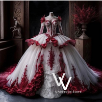 Burgundy Victorian Gothic Bridal Dress Sweetheart Lace Embroidery Long-sleeved Vintage Fluffy Vampire Wedding Gowns Customized