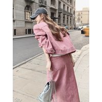 Retro Long Sleeve Denim Set Women Anti-Aging 2025 Autumn New Elegant Slimming Jacket Half Skirt Two-Piece Set Fashionable