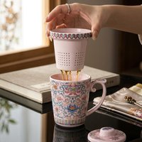 380ml/13.3oz Enamel Ceramic Tea Mug with Infuser and Lid Vintage Floral Porcelain Water Cup Office Tea Separation Coffee Cup
