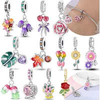 Rose Tulip Sunflower Bouquet Dangle Original Charm Silver Plated Bead Fit Bracelets Bag Keychain Charms Diy Women Gift Accessory