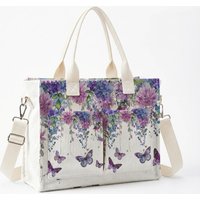 Watercolor Purple Floral & Butterfly Print Corduroy Tote Bag Large Capacity Multi Pocket Nature Lover Commuter Shoulder Bag