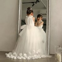 Luxury Custom Made 2026 New Elegant White High Low Tulle Flower Girl Dress With 3D Floral Train Wedding First Communion Baptism