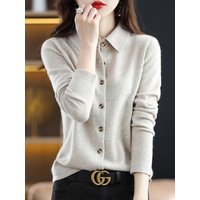 Fashion 100% Merino Wool Woman Sweater High Quality Long Sleeve Cardigan Polo-Collar Spring Autumn Winter Clothing Knitwear Tops