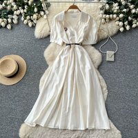 Women's Elegant Tie-Waist Shirt Dress Summer Turn-Down Collar Short Sleeve Button Up A-Line Midi Dresses Woman Clothes