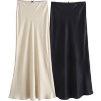 Mooyufon Women Fashion 2024 Spring New Satin Texture Bow Decoration Vintage Chic Female High Waist H Line Long Skirts Mujer