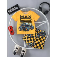 Jungen-Set MAX-Buchstaben-Auto-Print, Rundhals-Kurzarm-T-Shirt, gepaart mit Shorts, lässiges und bequemes zweiteiliges Set