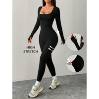 Black knit square neck fitted casual sports yoga jumpsuit