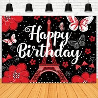 Ladybug Happy Birthday photography background, red and black glitter Eiffel Tower background,party decoration banner photo booth