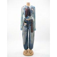 Fashionable 3D Printed Slimming round Neck Long Sleeve T-Shirt And Jeans Set for Women High Elasticity Spring Season Wear