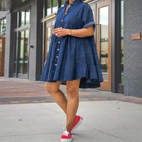 Spring/summer Plus-size Denim Dress. New Girly Style Loose and Comfortable Casual Lapel Denim Short Sleeve Elastic Shaggy Dress