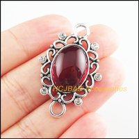 5Pcs Tibetan Silver Tone Flower Oval Red Glaze Charms Connectors 25x38mm