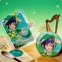 2Pcs/Pack Barbatos Venti Collectible Set Acrylic Display Stand and Holographic Button Pin Best Gift for Best Friend