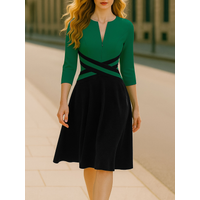 Womens Elegant Front Zipper Work Office A-Line Colorblock Business Casual Party Slim Fit And Flare Swing Dress