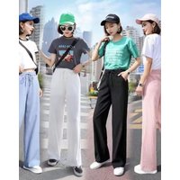 Plus size Women Ankle-Length Wide Leg Pants Casual Summer Solid Elastic Waist Loose Ice Silk Pants Spring Summer Female Trousers