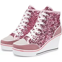 High Top Women Height Increasing Wedges Lace Up Shoes Flats Casual Ankle High Top Sliver Canvas Shoes Glitter Sequins Plue Size